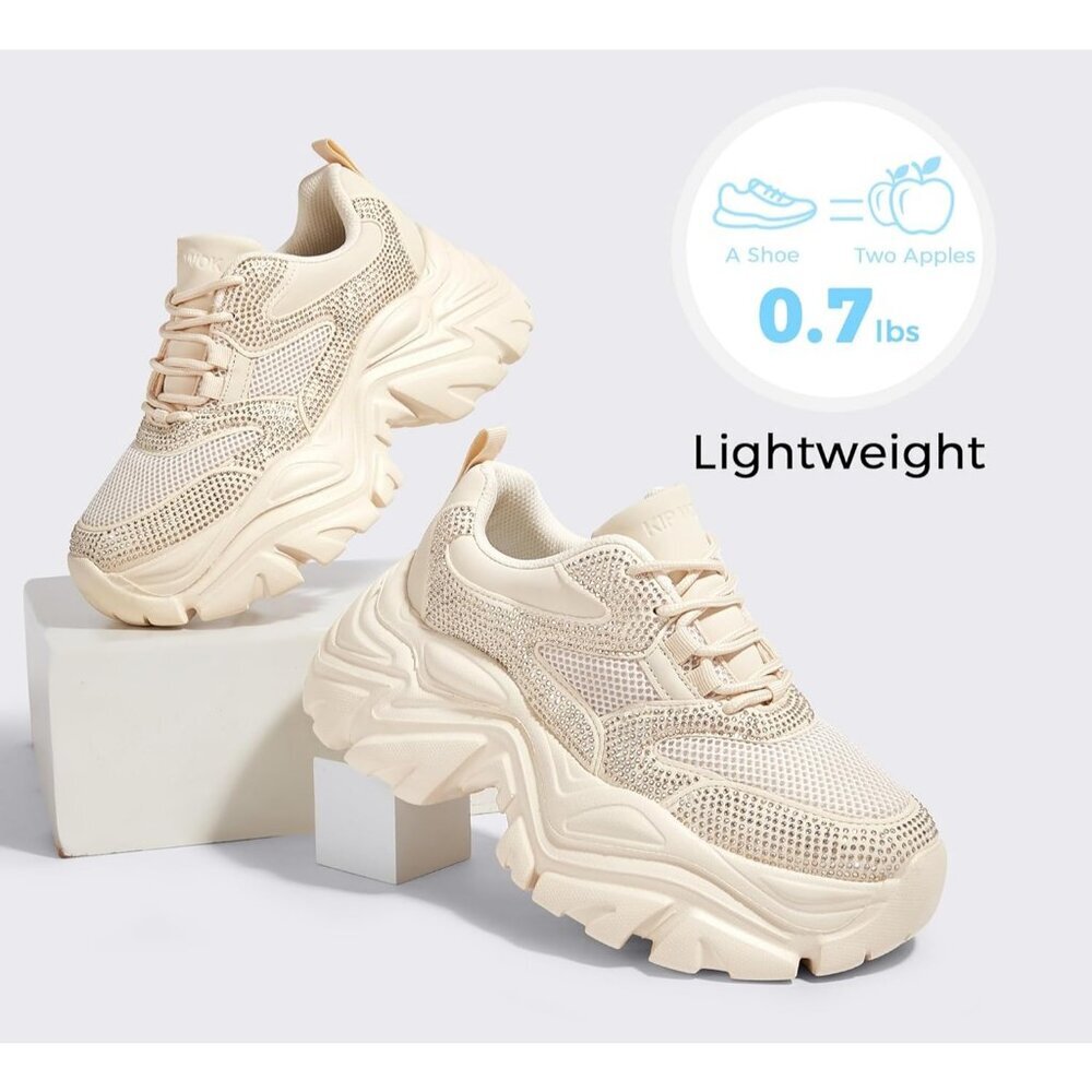 Women Leather Beige Rhinestone Comfortable Wedge Walking Sport Sneakers Shoes - Picture 4 of 9